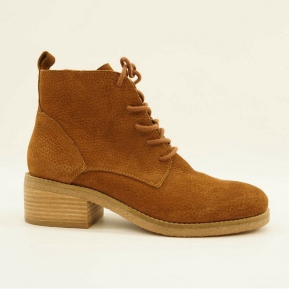 Lucky Brand Leather Tamela Ankle Boots Brown Side Zip Boho Lace-up